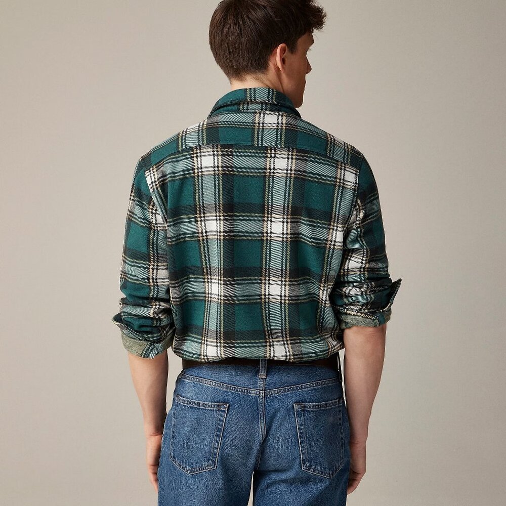 J Crew Flannel Shirt Mens Green White Plaid Seaboard Brushed Soft Knit - Picture 2 of 5